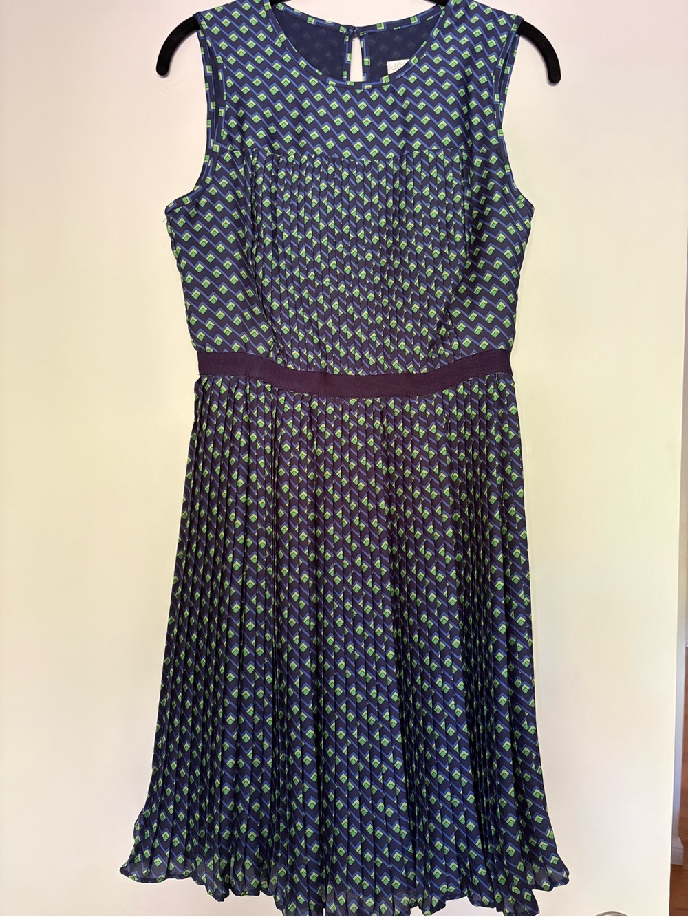 Shoshanna Sleeveless Navy & Green Printed Pleated Dress